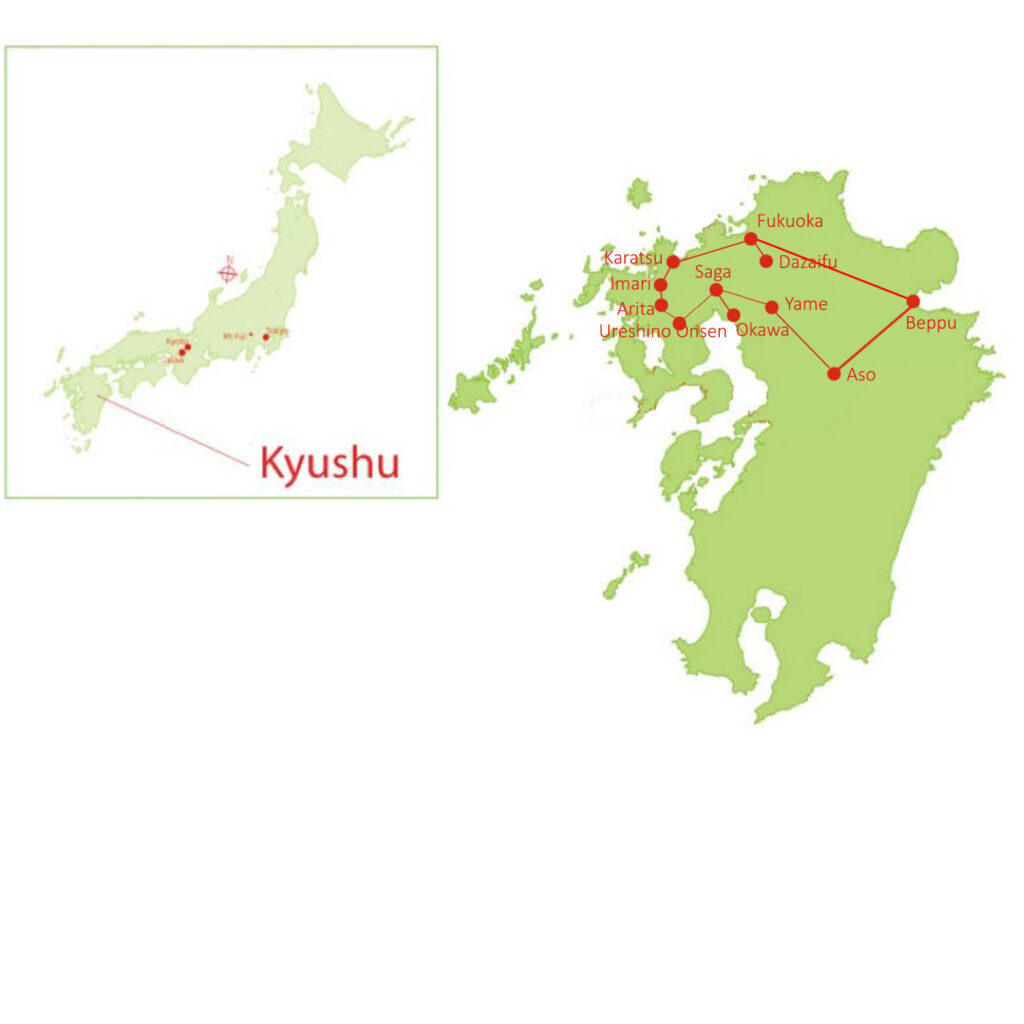 Map of Kyushu for 2026 Artisan Tour of Kyushu Japan by Journey to the East (GCK-26)