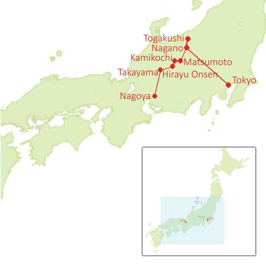 Map of Journey to the East, Walking Tour of Nagano and Japan Alps