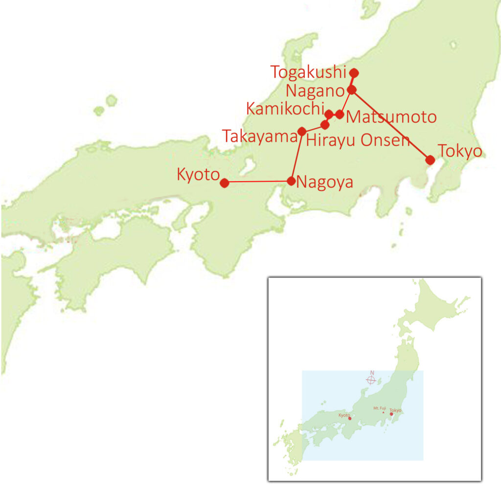 Map of 2025 Walking Tour of Kamikochi, Nagano and Surrounds (GHK-25)