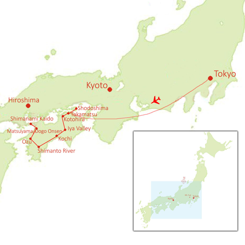 Map of 2026 Scenic Trains and Pilgrimage Walk Tour of Shikoku by Journey to the East
