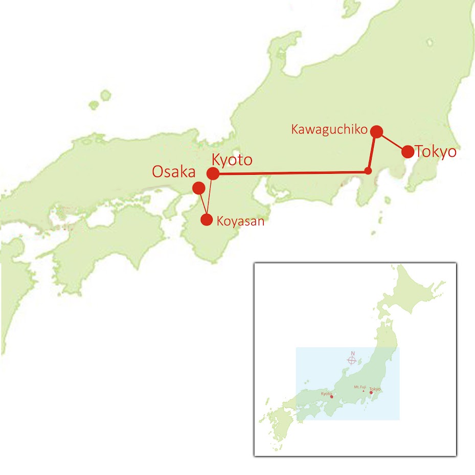Map of Tokyo, Kawaguchiko, Kyoto, Koyasan, Osaka