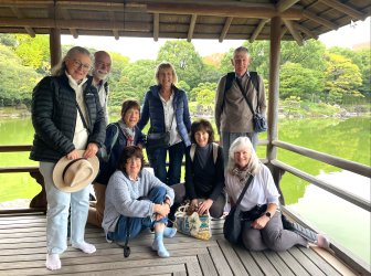 A group of Journey to the East travellers in Kiyosumi Gardens in Fukagawa, Tokyo