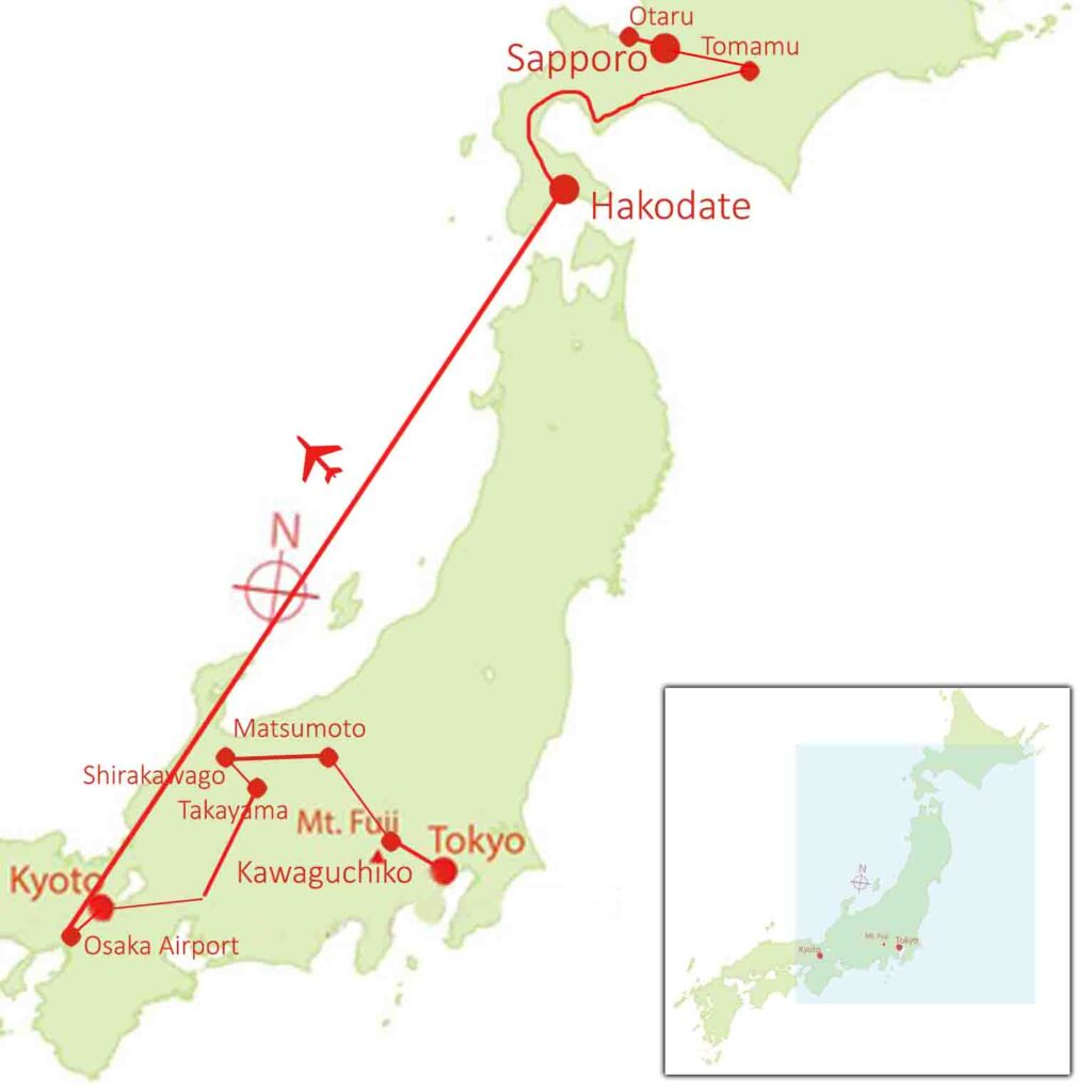 Map of White Christmas Tour of Japan run by Journey to the East visiting Nagano, Takayama, Shirakawago, Kyoto and Hokkaido