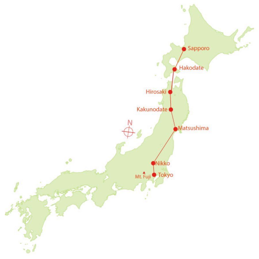 Map of Japan for Cherry Blossom Tour of Northern Japan (GSN) by Journey to the East