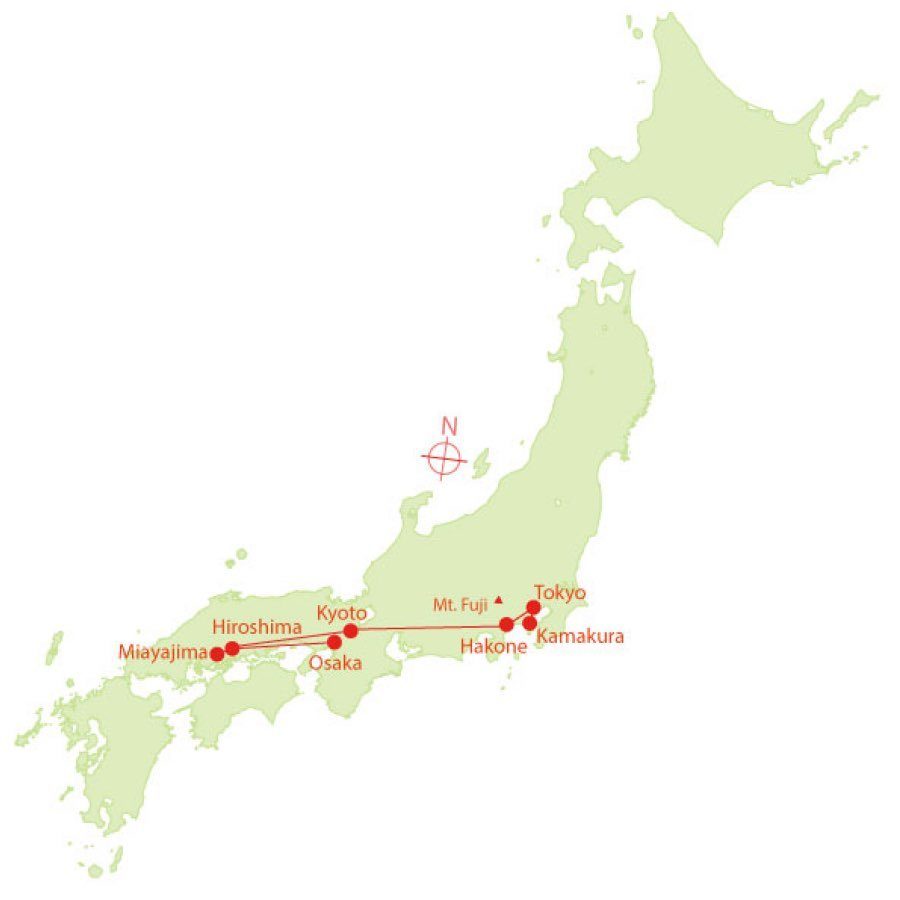 Map of Japan showing Tokyo, Kyoto, Hekone, Hiroshima and Miyajima