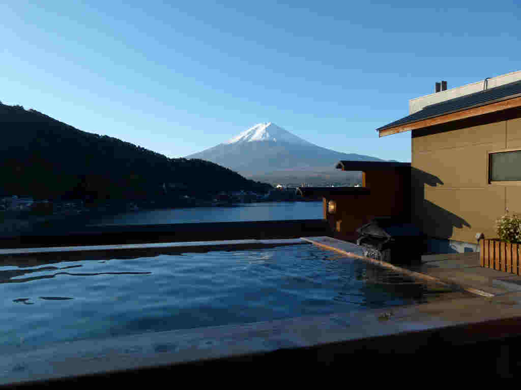 Mt Fuji from onsen bath at a ryokan in Kawaguchiko