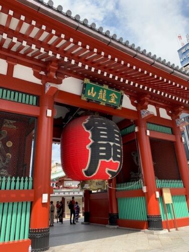 A giant red lantern at a gate of Sensoji Temple in Asakusa Tokyo Japan