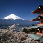 Mt Fuji, cherry blossom and five story pagoda in Kawaguchiko
